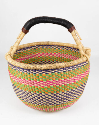 Hand Woven Green Striped Bolga Basket with Leather Handle