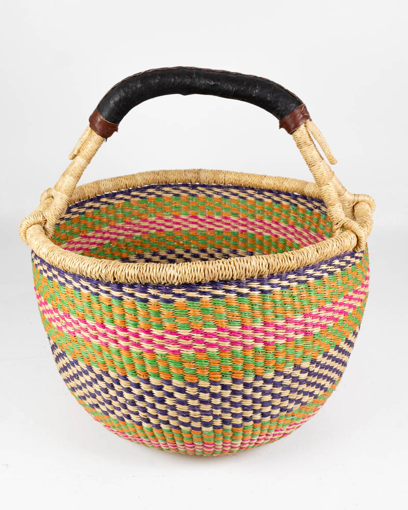 Hand Woven Green Striped Bolga Basket with Leather Handle