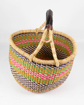 Hand Woven Green Striped Bolga Basket with Leather Handle