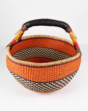 Hand Woven Orange and Black African Bolga Basket with Leather Handle