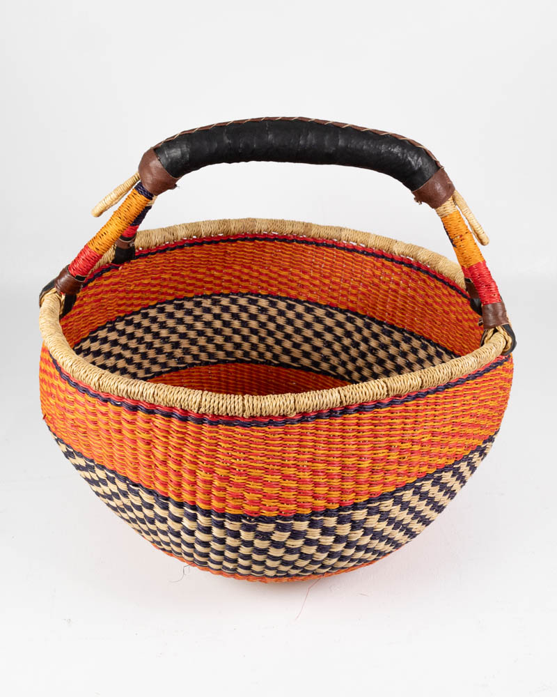 Hand Woven Orange and Black African Bolga Basket with Leather Handle