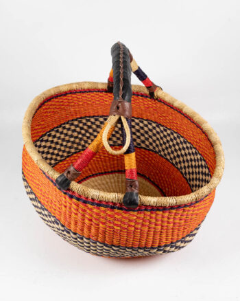 Hand Woven Orange and Black African Bolga Basket with Leather Handle