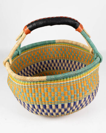 Hand Woven Yellow and Blue Bolga Basket with Leather Handle