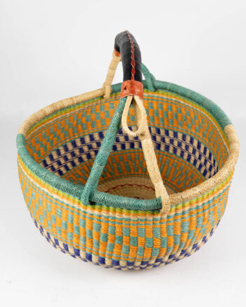 Hand Woven Yellow and Blue Bolga Basket with Leather Handle