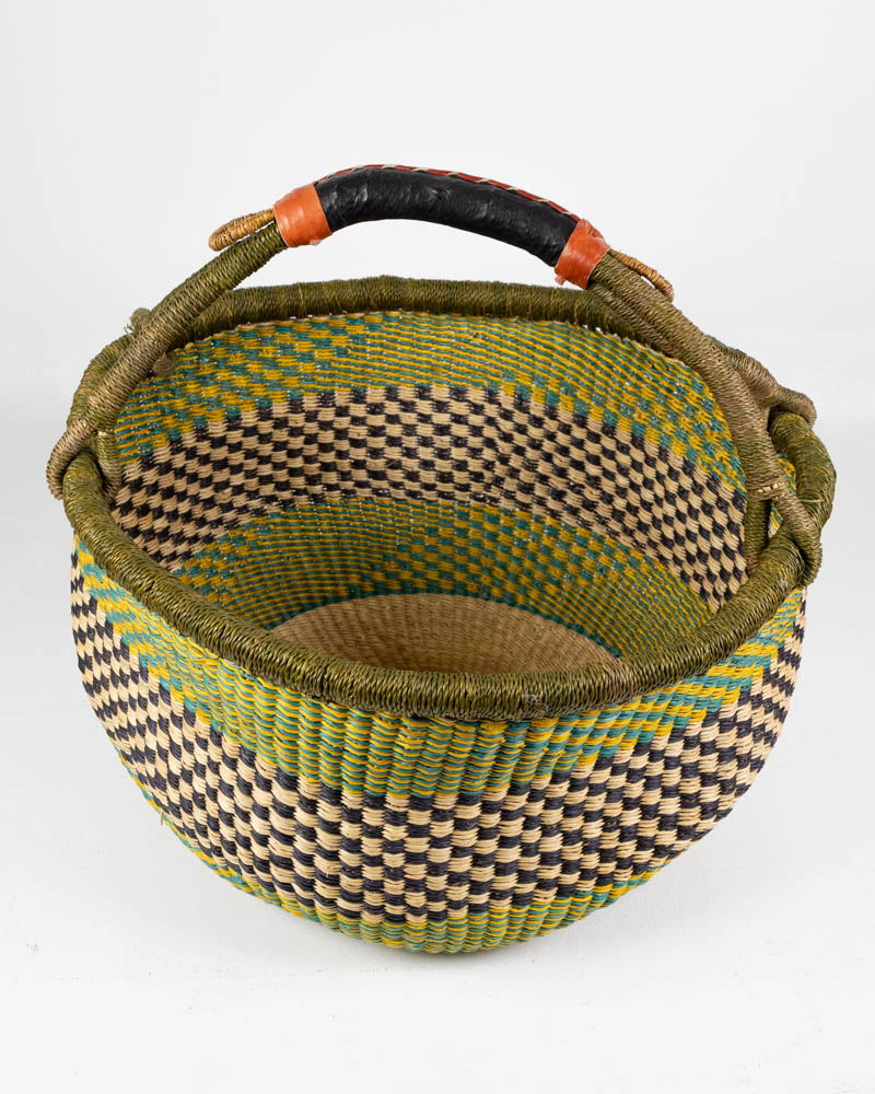 Hand Woven Bolga Market Basket with Green Tribal Pattern