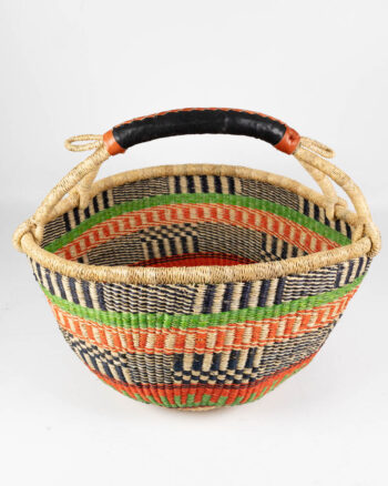 Hand Woven Striped Bolga Basket with Leather Handle