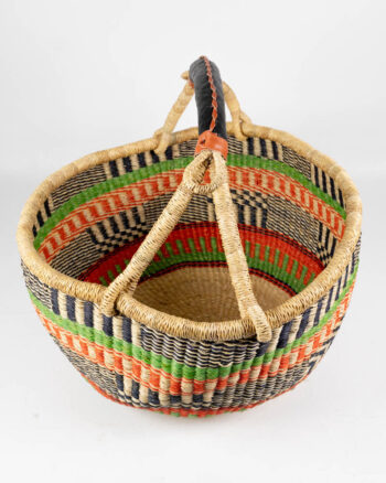 Hand Woven Striped Bolga Basket with Leather Handle