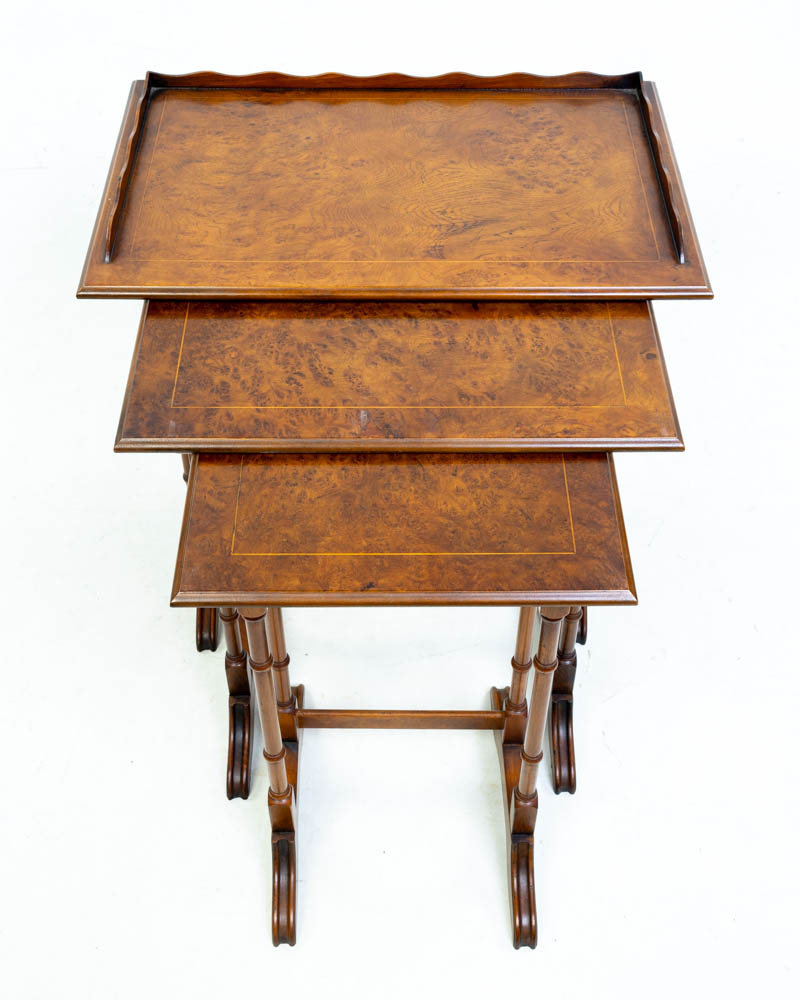 Vintage Burr Walnut Nest of Tables with Simulated Bamboo Legs