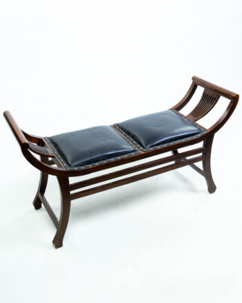 Vintage Wood and Leather Bench with Studded Trim