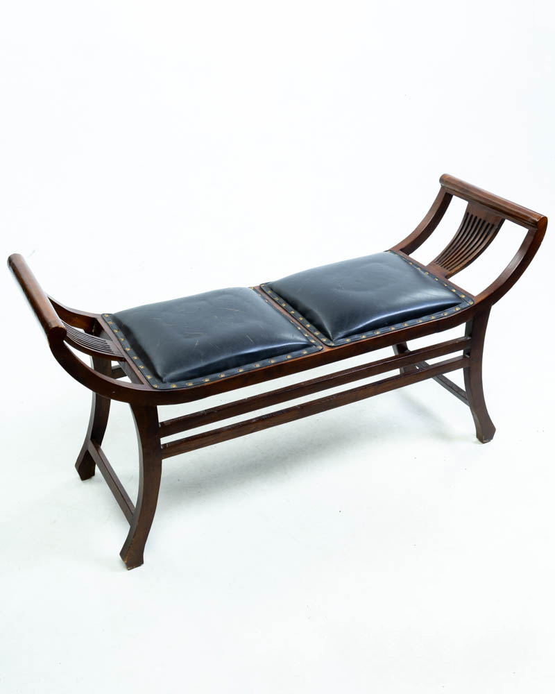 Vintage Wood and Leather Bench with Studded Trim