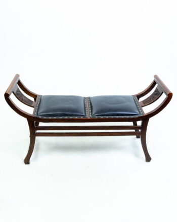 Vintage Wood and Leather Bench with Studded Trim