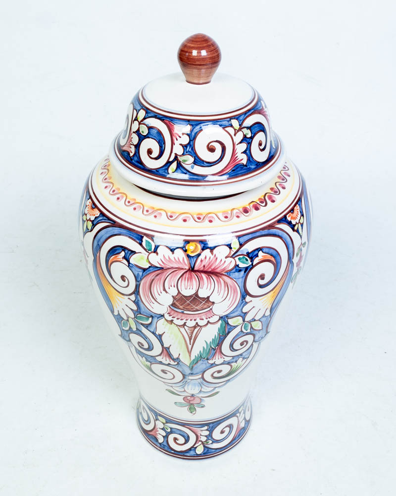 Hand-Painted Ceramic Lidded Vase with Floral Design