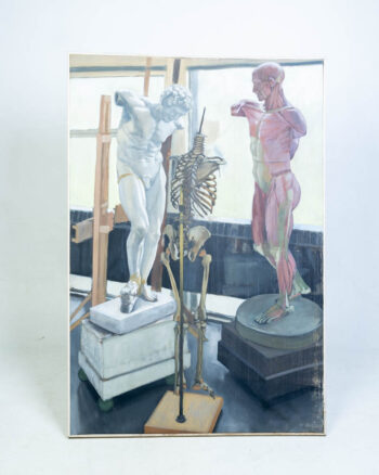 Vintage Anatomical Still Life Oil Painting with Skeleton Model