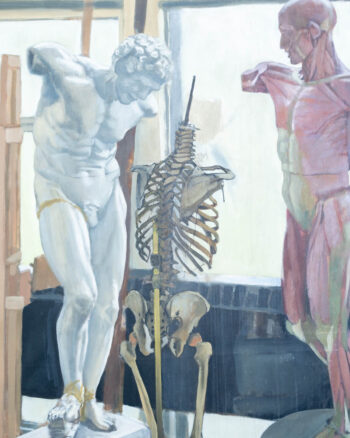 Vintage Anatomical Still Life Oil Painting with Skeleton Model