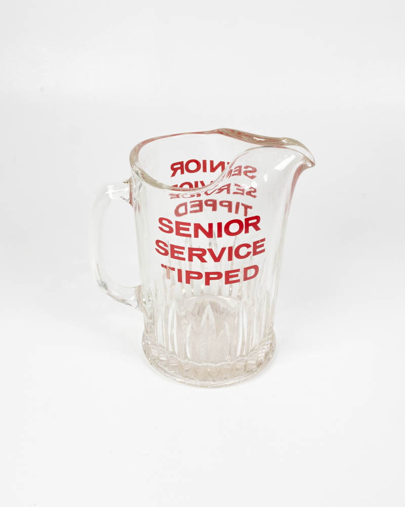 Vintage Glass Pitcher with Red Senior Service Text