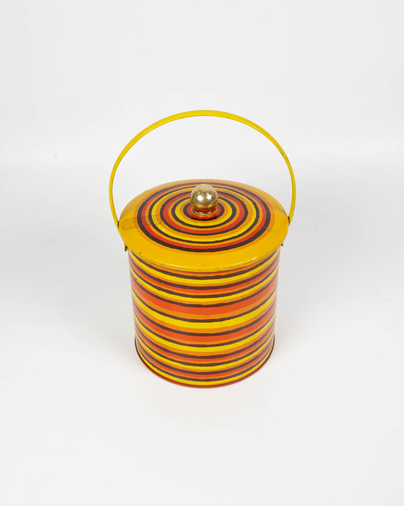 Vintage Striped Metal Storage Tin with Lid and Handle