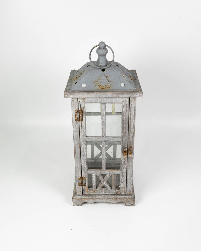 Grey Metal Lantern with Glass Panes
