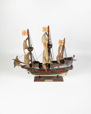 Vintage Wooden Golden Hinde Model Ship with Fabric Sails