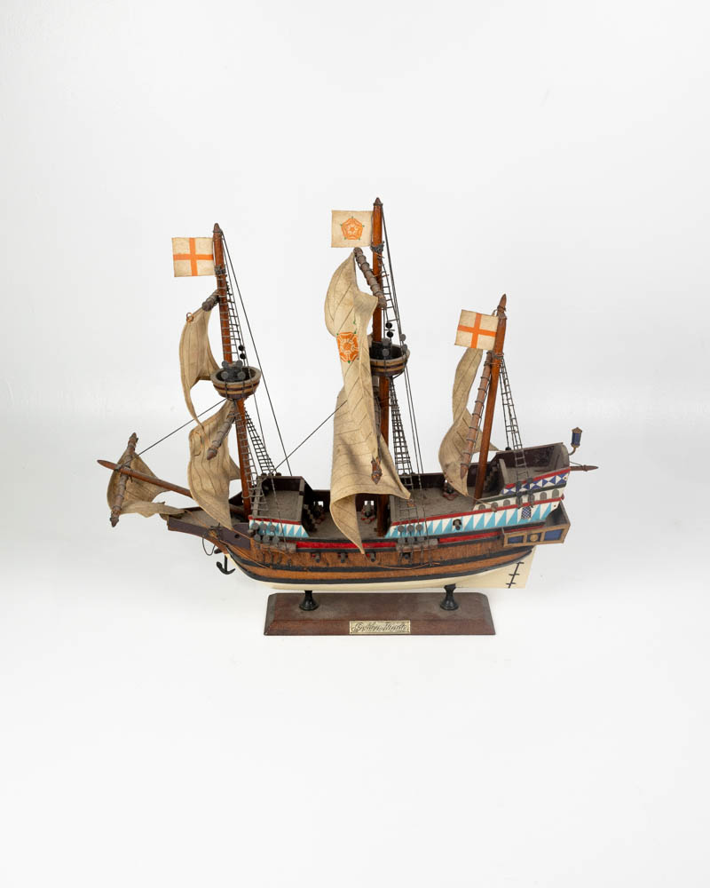 Vintage Wooden Golden Hinde Model Ship with Fabric Sails