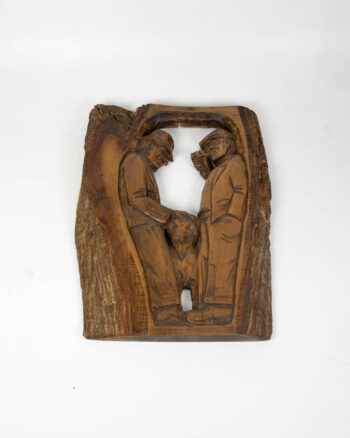 Vintage Folk Art Carved Wood Plaque with Figures & Dog