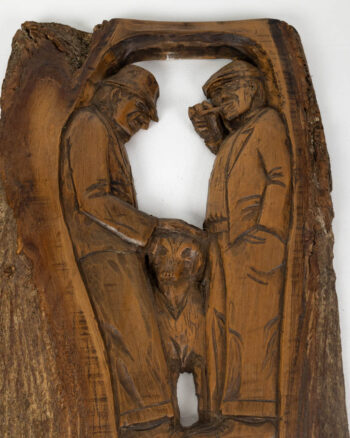 Vintage Folk Art Carved Wood Plaque with Figures & Dog