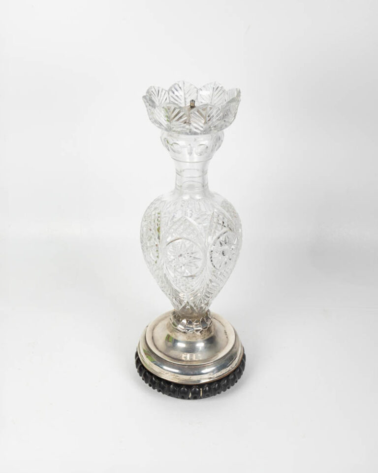 Antique Crystal & Silver Vase with Wooden Stand