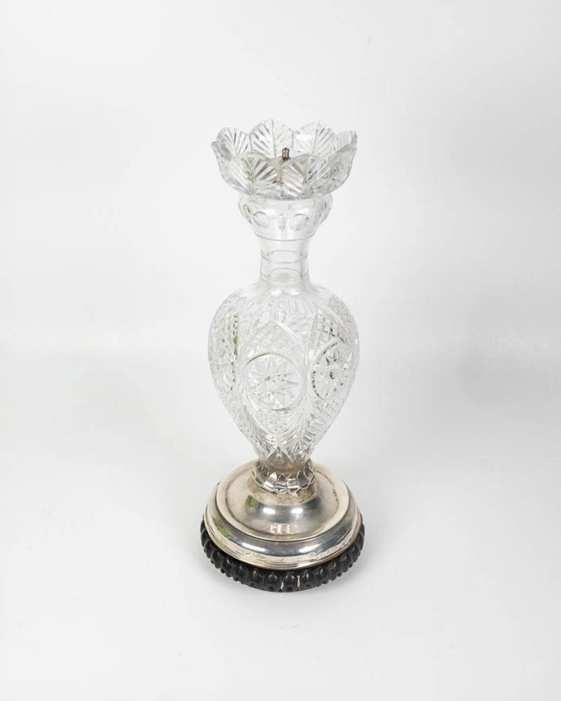 Antique Crystal & Silver Vase with Wooden Stand