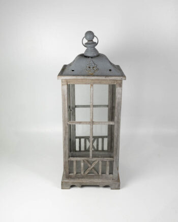 Grey Wooden Lantern with Glass Panes and Metal Top