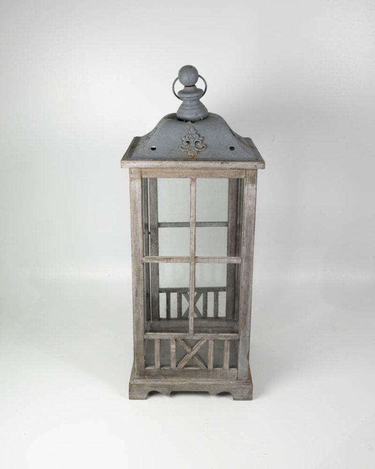 Grey Wooden Lantern with Glass Panes and Metal Top