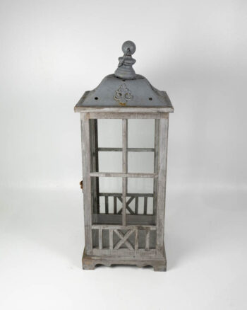 Grey Wooden Lantern with Glass Panes and Metal Top