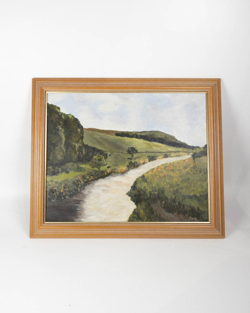 Vintage Landscape Oil Painting with Wooden Frame Signed Irene