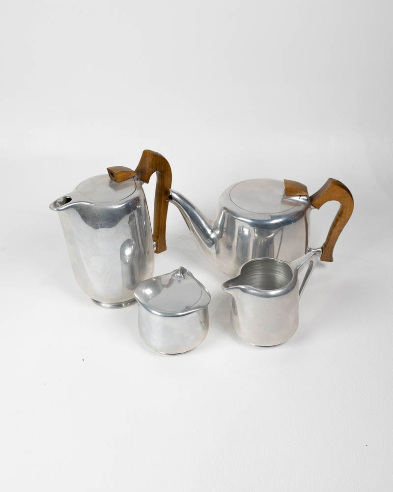 Vintage Art Deco Aluminium Tea Coffee Set with Wood Handles