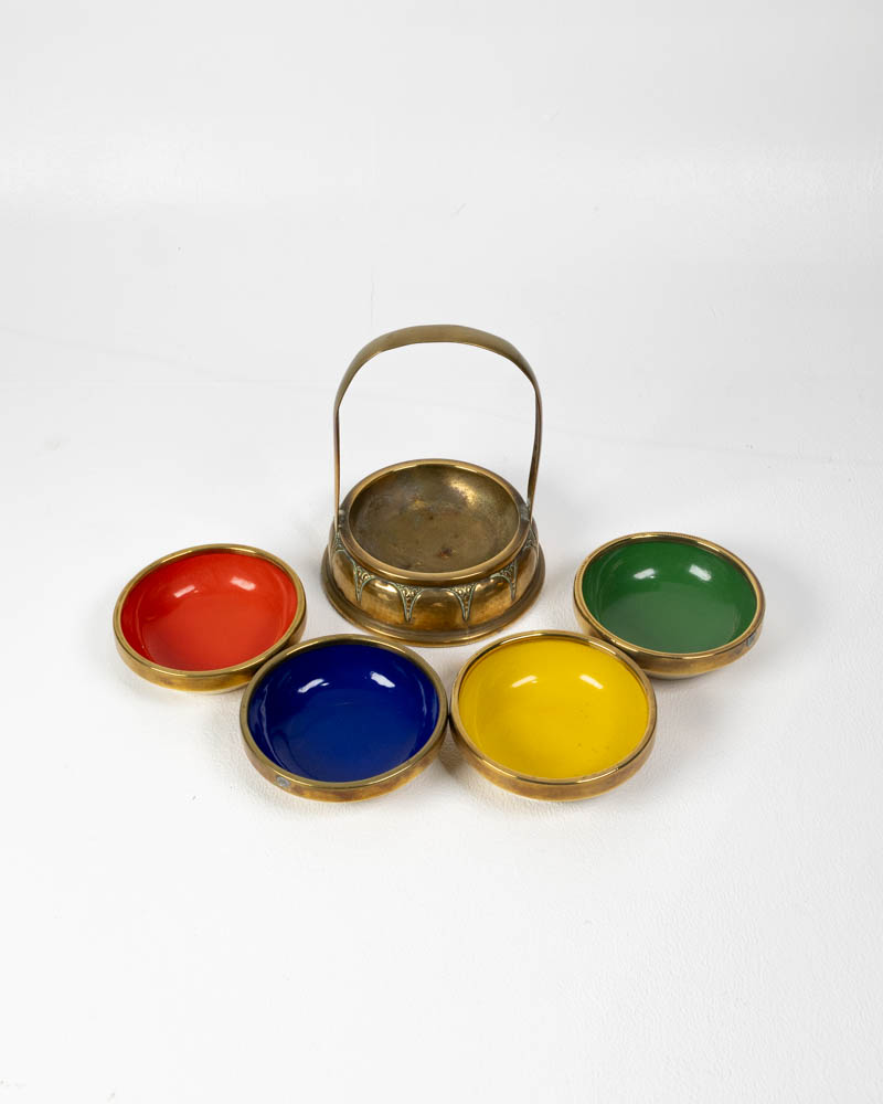 Vintage Brass Condiment Set with Enamel Bowls and Stand