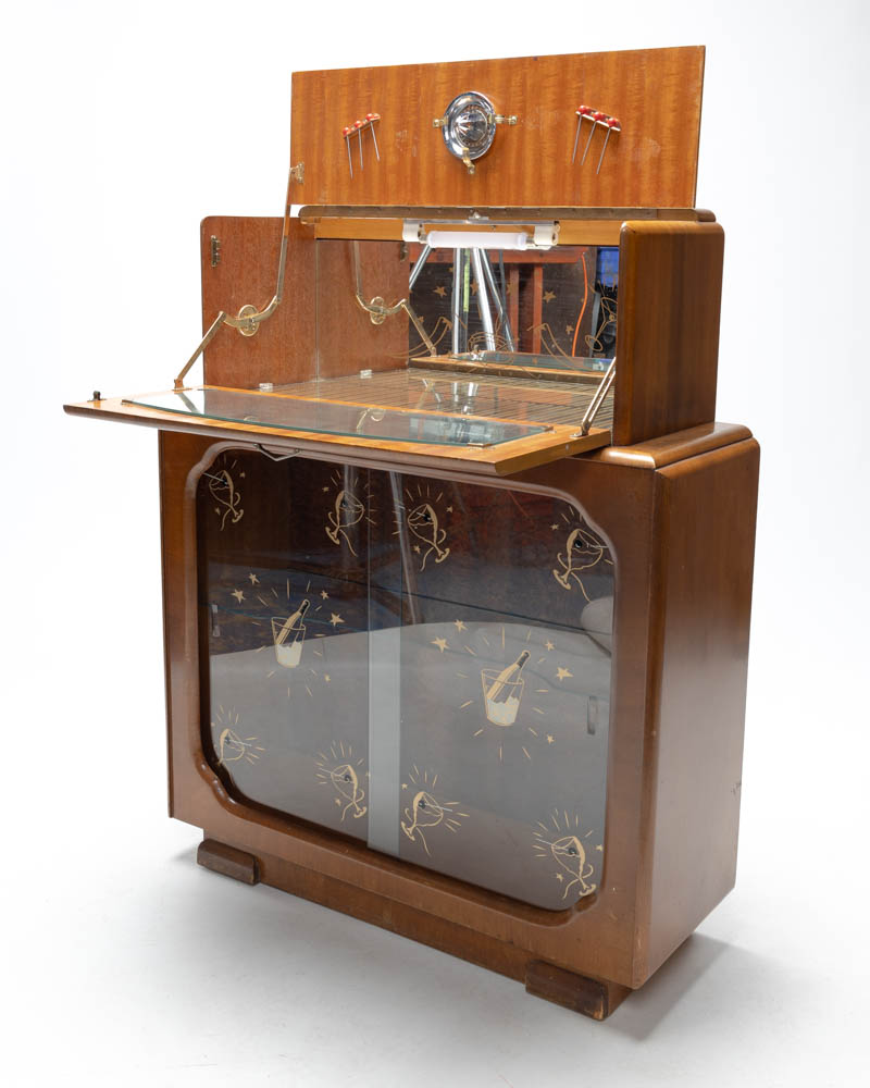 Art Deco Wood Drinks Cabinet with Cocktail Glass Detail