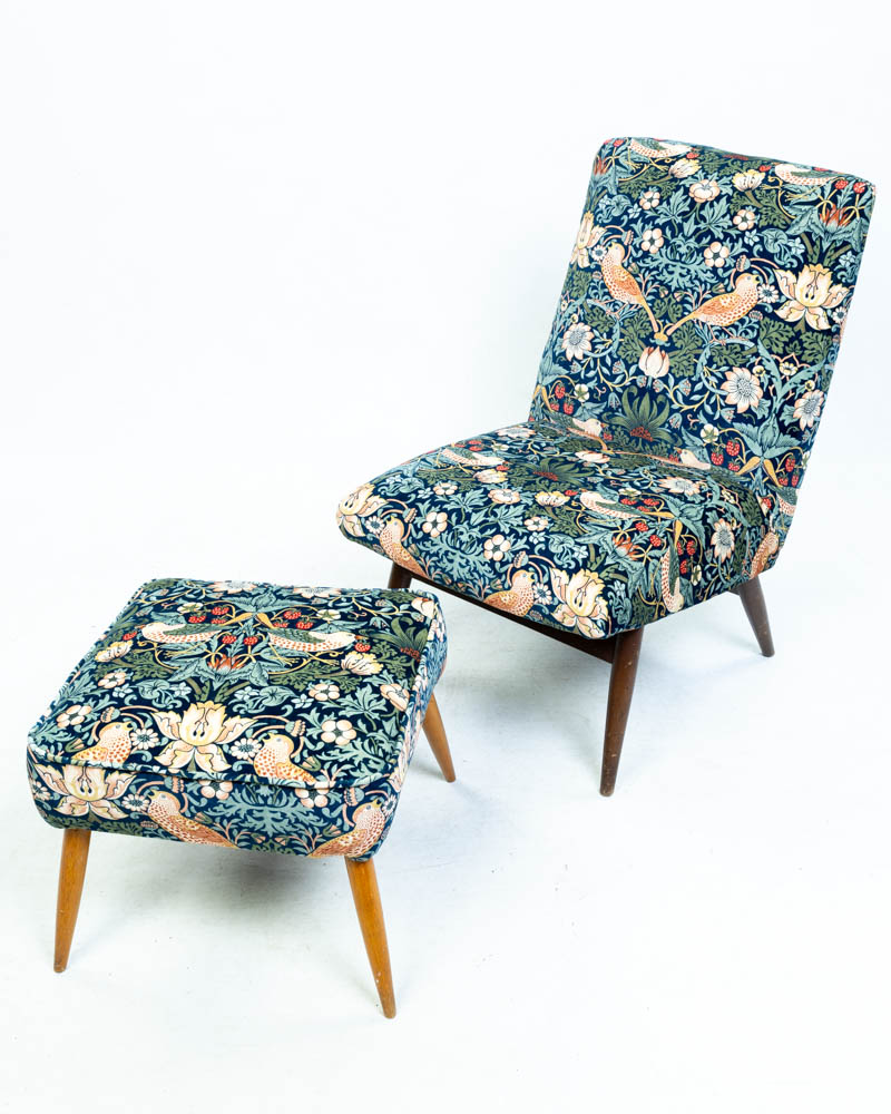 Morris & Co Fabric Chair with Wooden Legs and Footstool