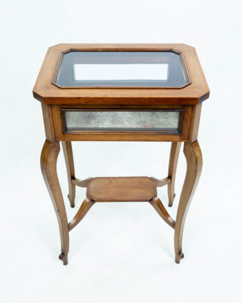 Vintage Wood Display Table with Glass Top and Silvered Back