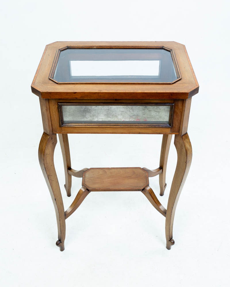 Vintage Wood Display Table with Glass Top and Silvered Back