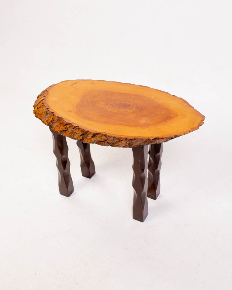 Rustic Wood Slice Side Table with Carved Legs