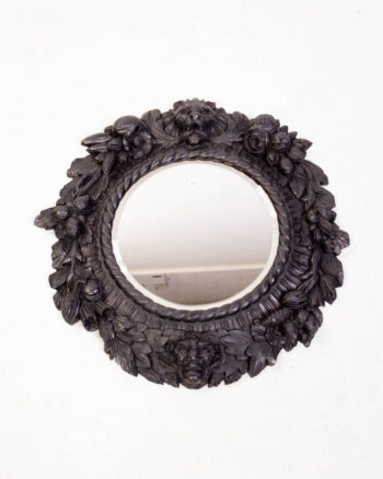 Antique Black Forest Carved Wood Mirror with Lion and Floral Details
