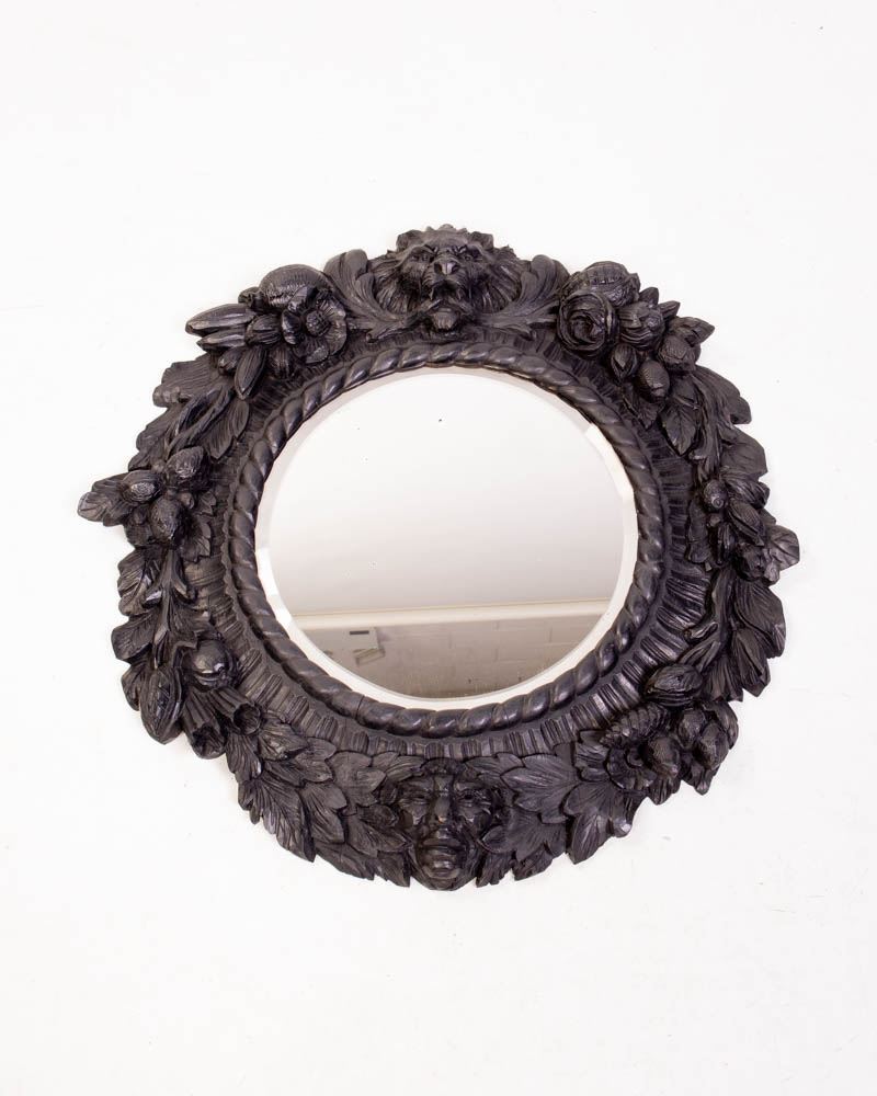 Antique Black Forest Carved Wood Mirror with Lion and Floral Details