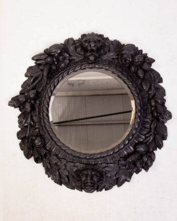 Antique Black Forest Carved Wood Mirror with Lion and Floral Details