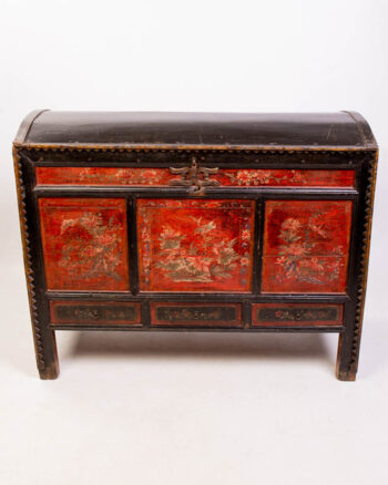Antique Oriental Red Lacquered Dome Top Chest with Drawers