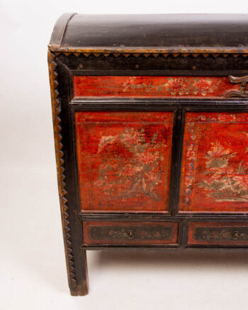 Antique Oriental Red Lacquered Dome Top Chest with Drawers