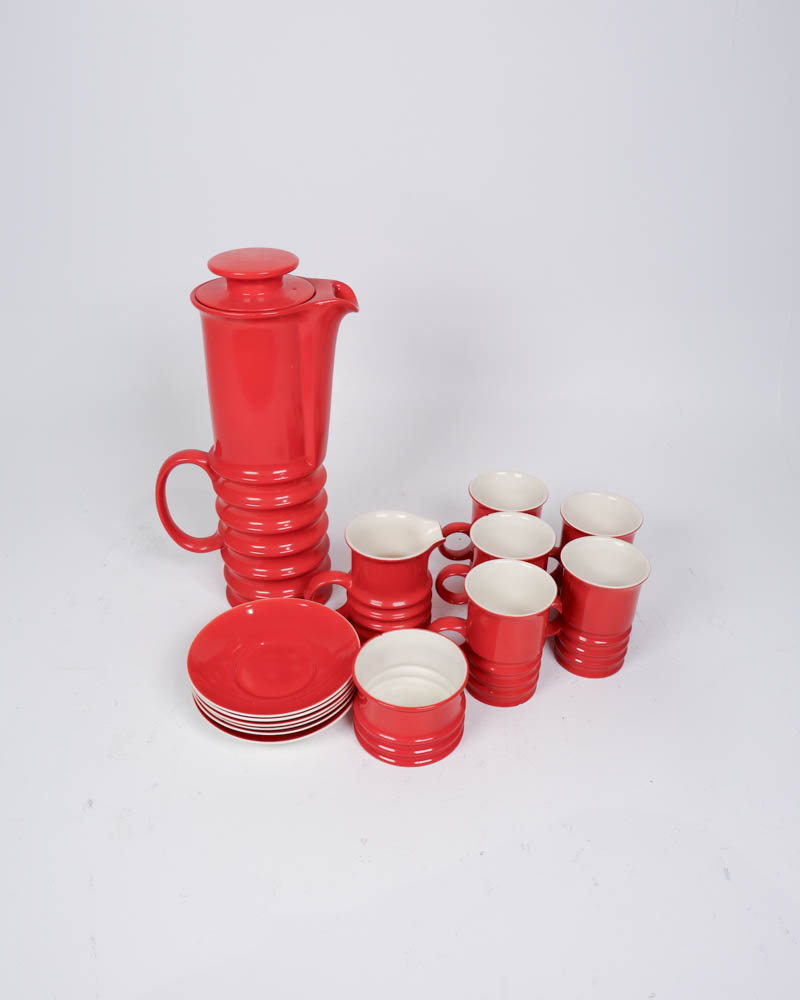 1969 Carlton Ware Red Ceramic Coffee Set with Ribbed Design