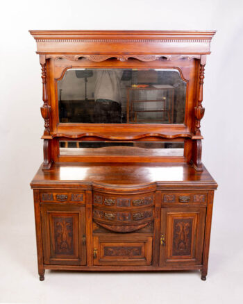 Antique Carved Mahogany Sideboard with Mirror, Brass Hardware