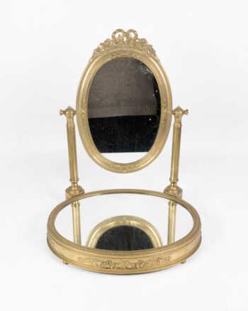 Antique French Brass Oval Vanity Mirror with Floral Details
