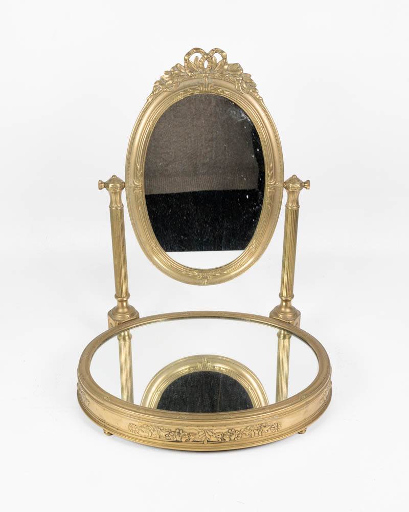 Antique French Brass Oval Vanity Mirror with Floral Details