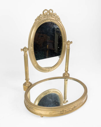 Antique French Brass Oval Vanity Mirror with Floral Details
