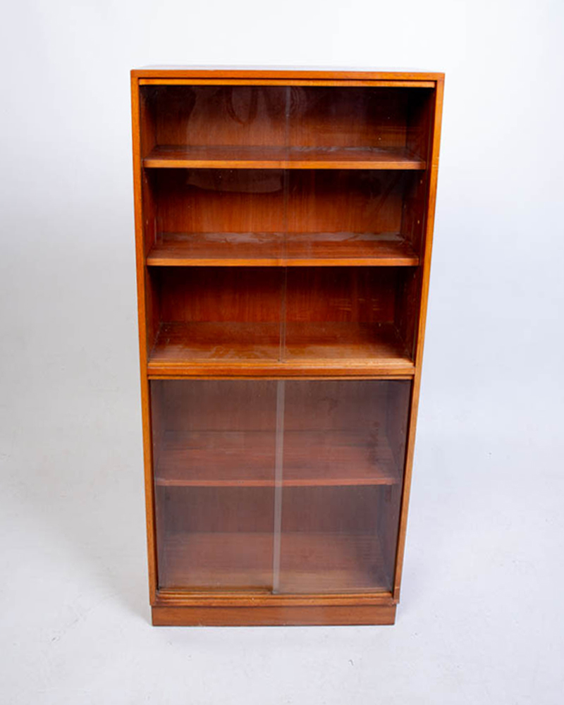 Mid-Century Wooden Bookcase with Glass Sliding Doors
