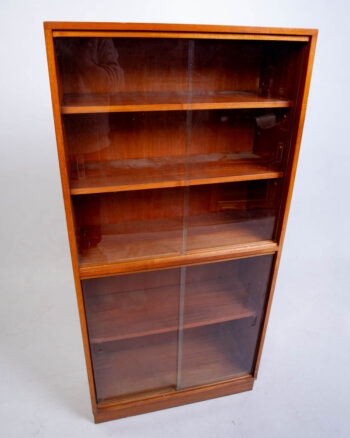 Mid-Century Wooden Bookcase with Glass Sliding Doors
